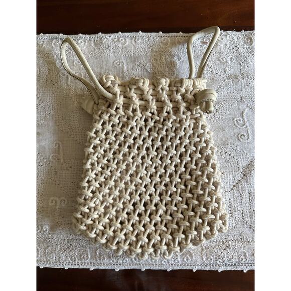 Clare V. Sandy Drawstring Clutch crocheted ivory cotton leather handles bag - Picture 14 of 16